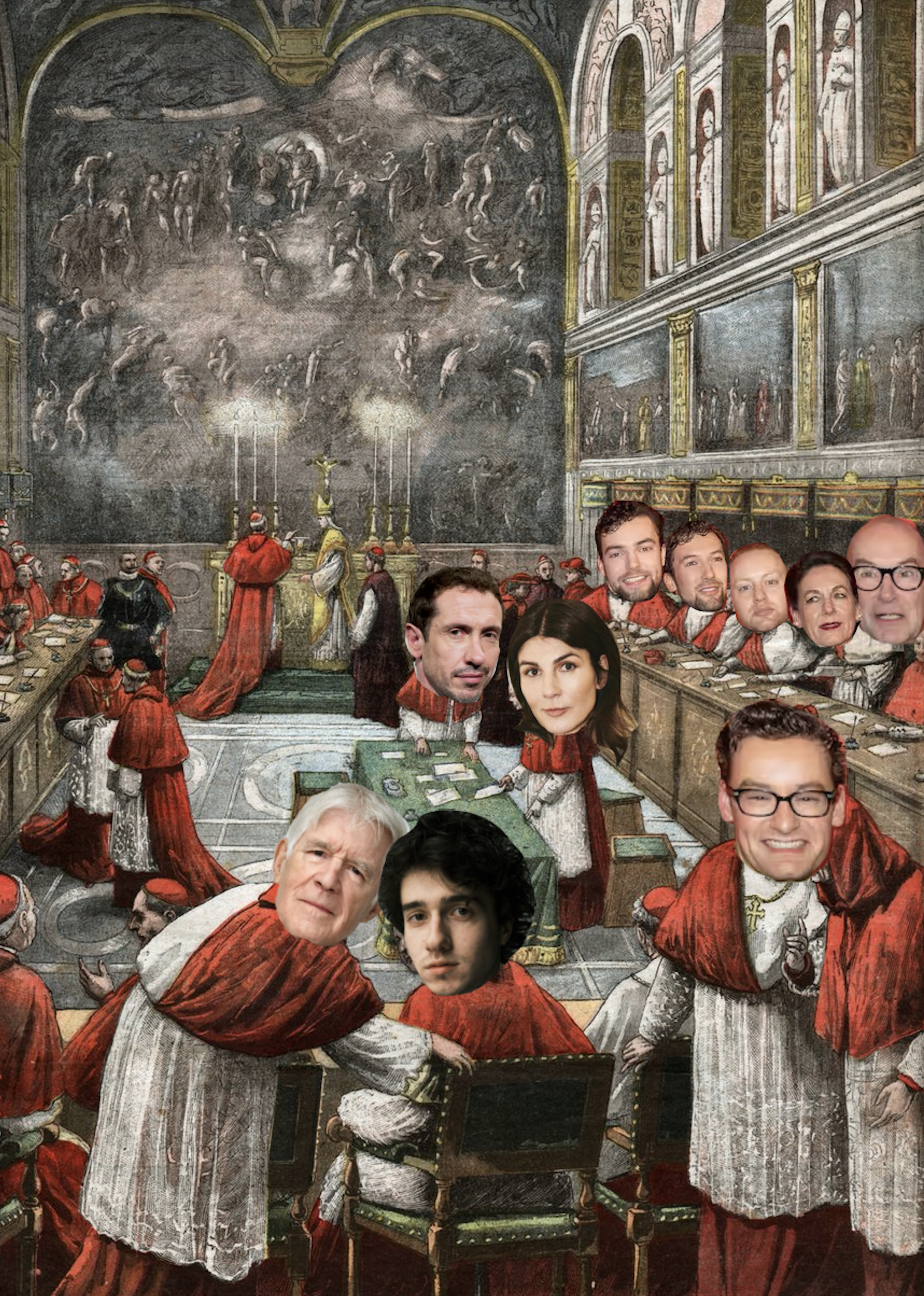 Conclaaf van nepotisten: de hele familie Chabot, Kim van Kooten, Jacob Derwig, zoon Roman Derwig en opa Kees van Kooten in de Sixtijnse Kapel