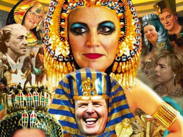 Leden van het Oranje koningshuis als Egyptische goden, afbeelding bij stuk in De Republikein van Mathijs Mul