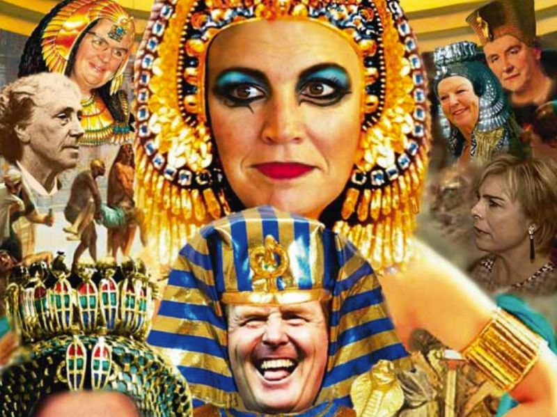 Leden van het Oranje koningshuis als Egyptische goden, afbeelding bij stuk in De Republikein van Mathijs Mul