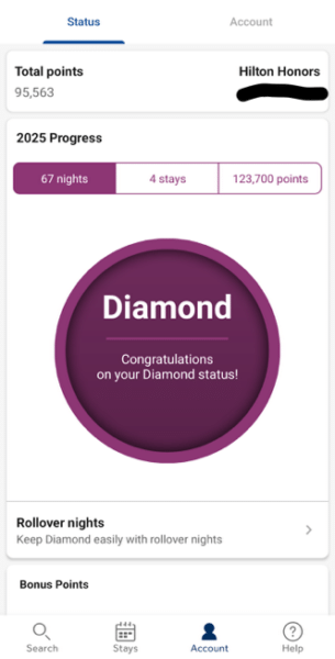 Bewijs van Diamond status in Hilton Honors app